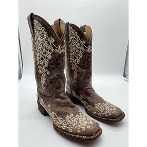 CORRAL Iconic Lisa Brown Crater Bone Embroidered Boots Western Cowboy 9.5M A2663